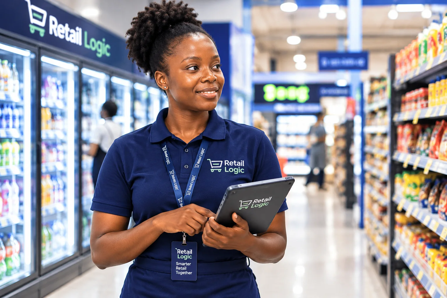 Retail team member checking stock with a tablet